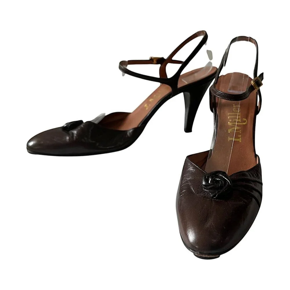 Vintage I.‎ Miller Brown Leather Rosette Heels – Size 8.5B